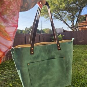 Green Tote Bag with Brown Straps